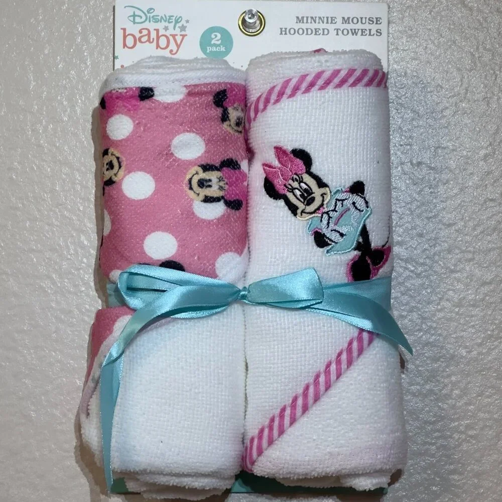 Disney Cudlie Baby Girl Minnie Mouse 2 Pack Rolled/Carded Hooded Towels in Happy